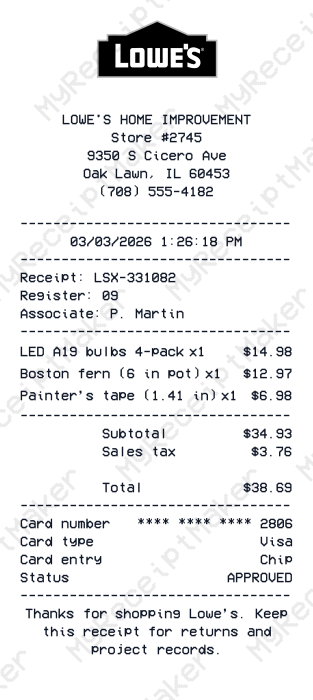 Lowe's Receipt Example – LED Bulbs & Indoor Plant (Sample)