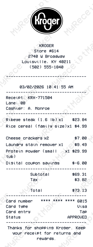 Kroger Receipt Example – Grocery & Home Essentials Cart (Sample)