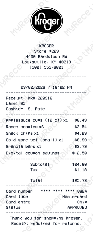 Kroger Receipt Example – Pantry Snacks & First Aid Items (Sample)