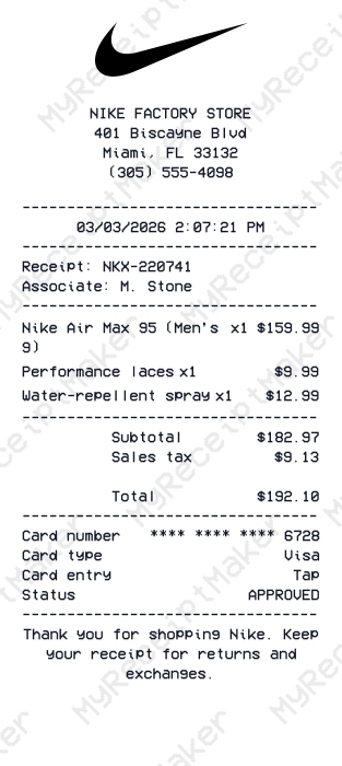 Nike Receipt Example – Air Max 95 Limited Colorway (Sample)