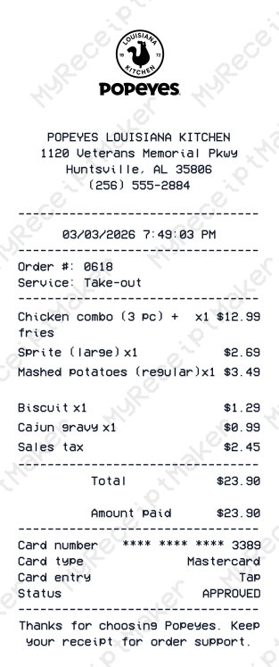 Popeyes Receipt Example – Family Combo Order (Sample)