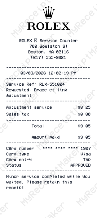 Rolex Receipt Example – Bracelet Link Adjustment Fee (Sample)