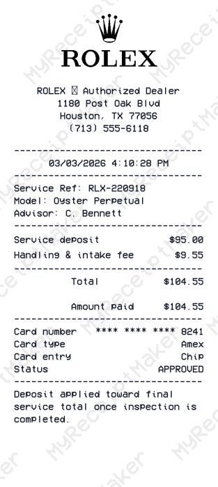 Rolex Receipt Example – Oyster Perpetual Service Deposit (Sample)