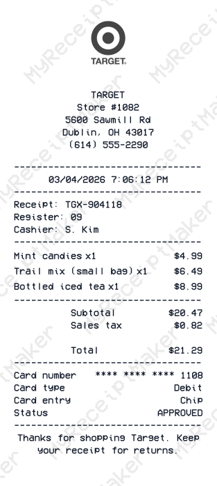 Target Receipt Example – Candy & Snacks Basket (Debit) (Sample)
