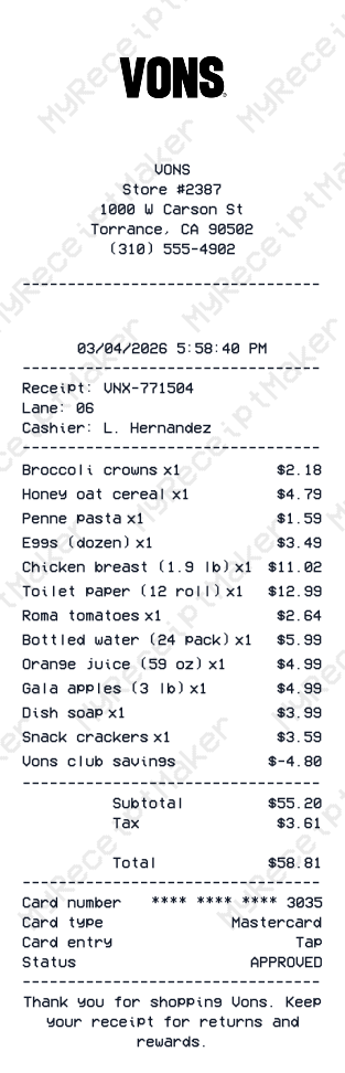 Vons Receipt Example – Full Grocery Basket (Sample)