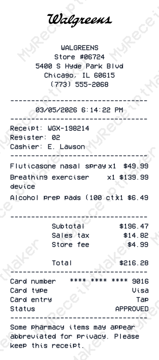 Walgreens Receipt Example – Respiratory Care Supplies (Sample)