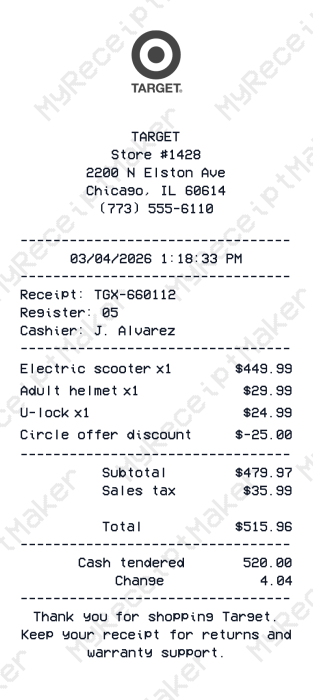 Target Receipt Example – Electric Scooter Purchase (Cash) (Sample)