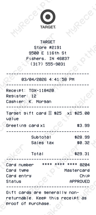 Target Receipt Example – Gift Card & Small Add-on (Sample)
