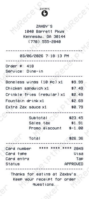 Zaxby's Receipt Example – Wings & Sandwich Combo (Sample)