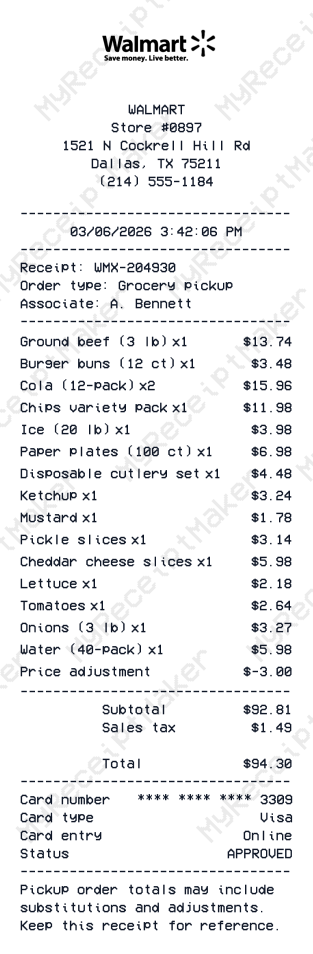 Walmart Receipt Example – Catering Grocery Pickup (Large Order) (Sample)