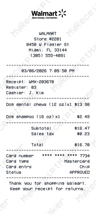 Walmart Receipt Example – Dental Chews & Pet Add-on (Sample)