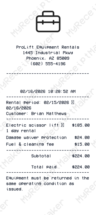 Equipment Rental Receipt