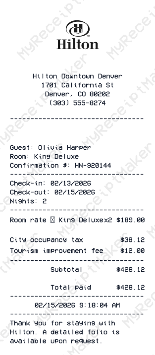 Hilton Hotel Receipt