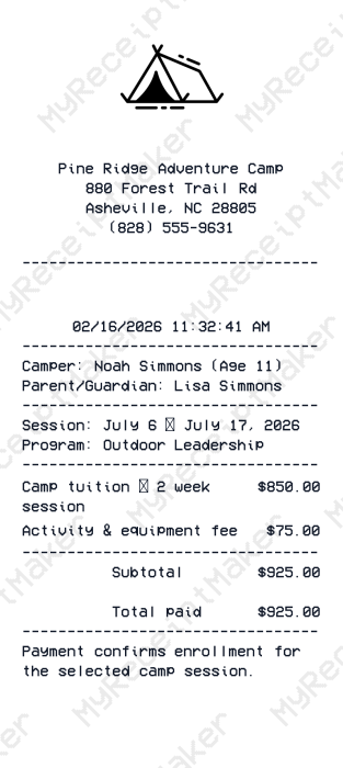 Summer Camp Receipt