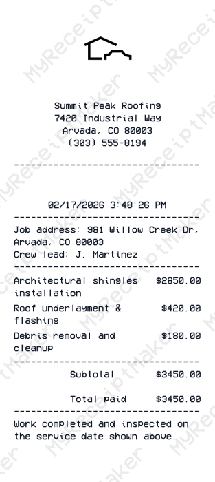 Roofing Receipt