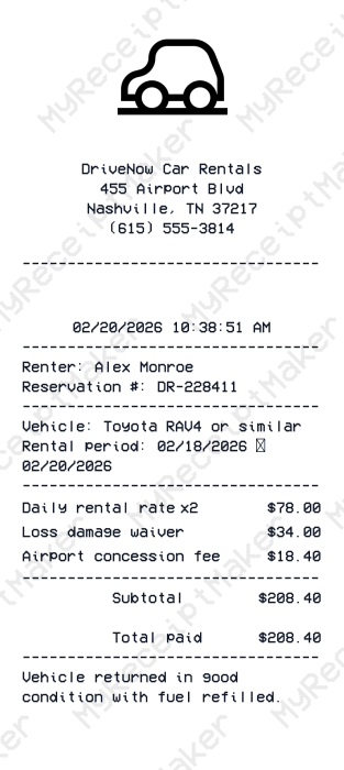 Car Rental Receipt