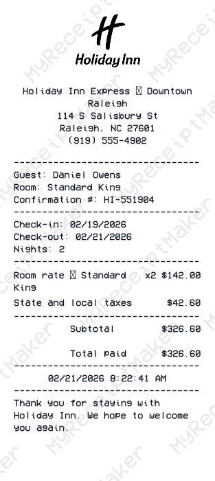Holiday Inn Receipt