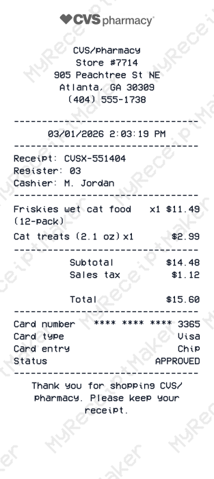 CVS Pharmacy Receipt Example – Cat Food Purchase (Sample)