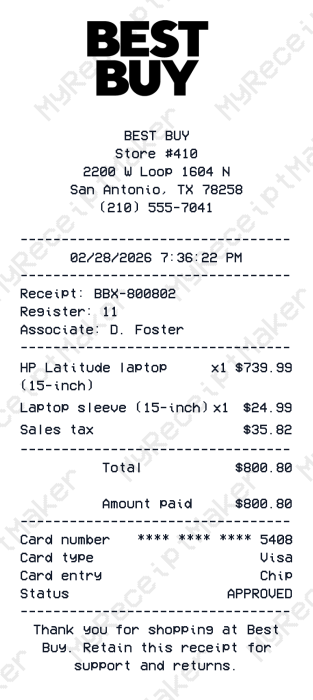Best Buy Receipt Example – HP Laptop Bundle (Sample)