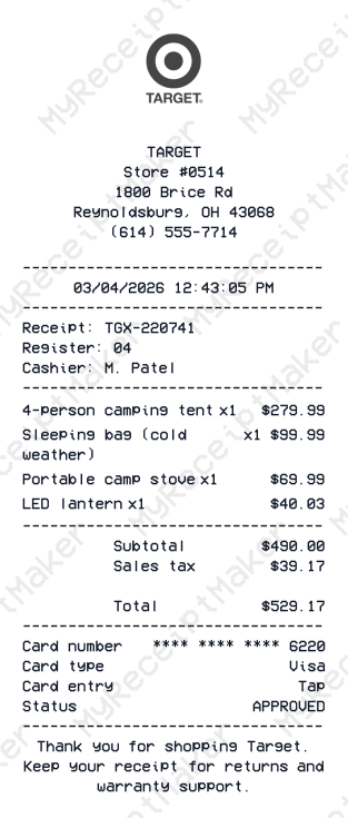 Target Receipt Example – Camping Gear Bundle (Sample)