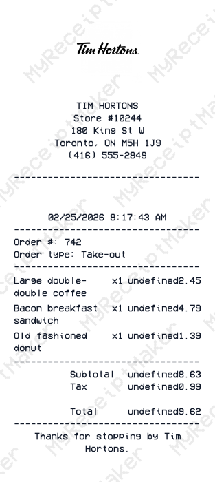 Tim Hortons Receipt