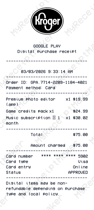 Google Play Receipt Example – App & Subscription Bundle (Sample)